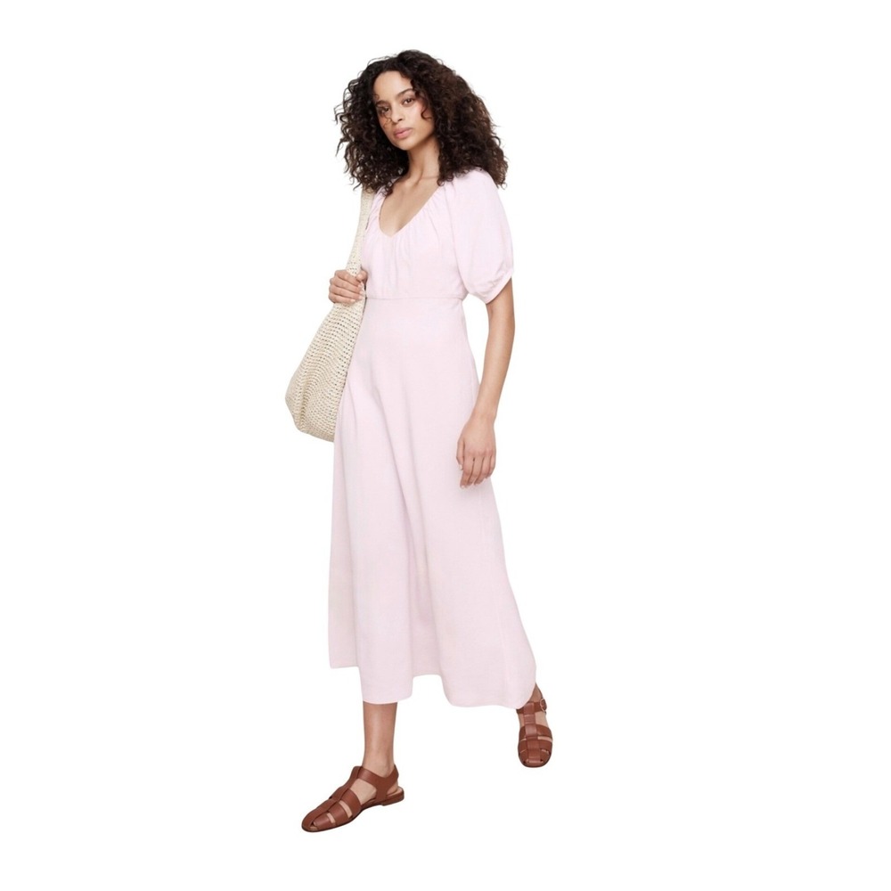 Banana Republic NWT Pink Linen Blend Puff Sleeve Midi Dress Sz 14 V-Neck
